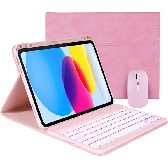 Case Keyboard for 11 inch iPad 11th (A16, 2025) / 10th Generation,Mouse and Detachable Wireless 7 Color Rainbow Backlight Magnetic Keyboard,Premium PU Leather Cover with Auto Sleep/Wake,Pink