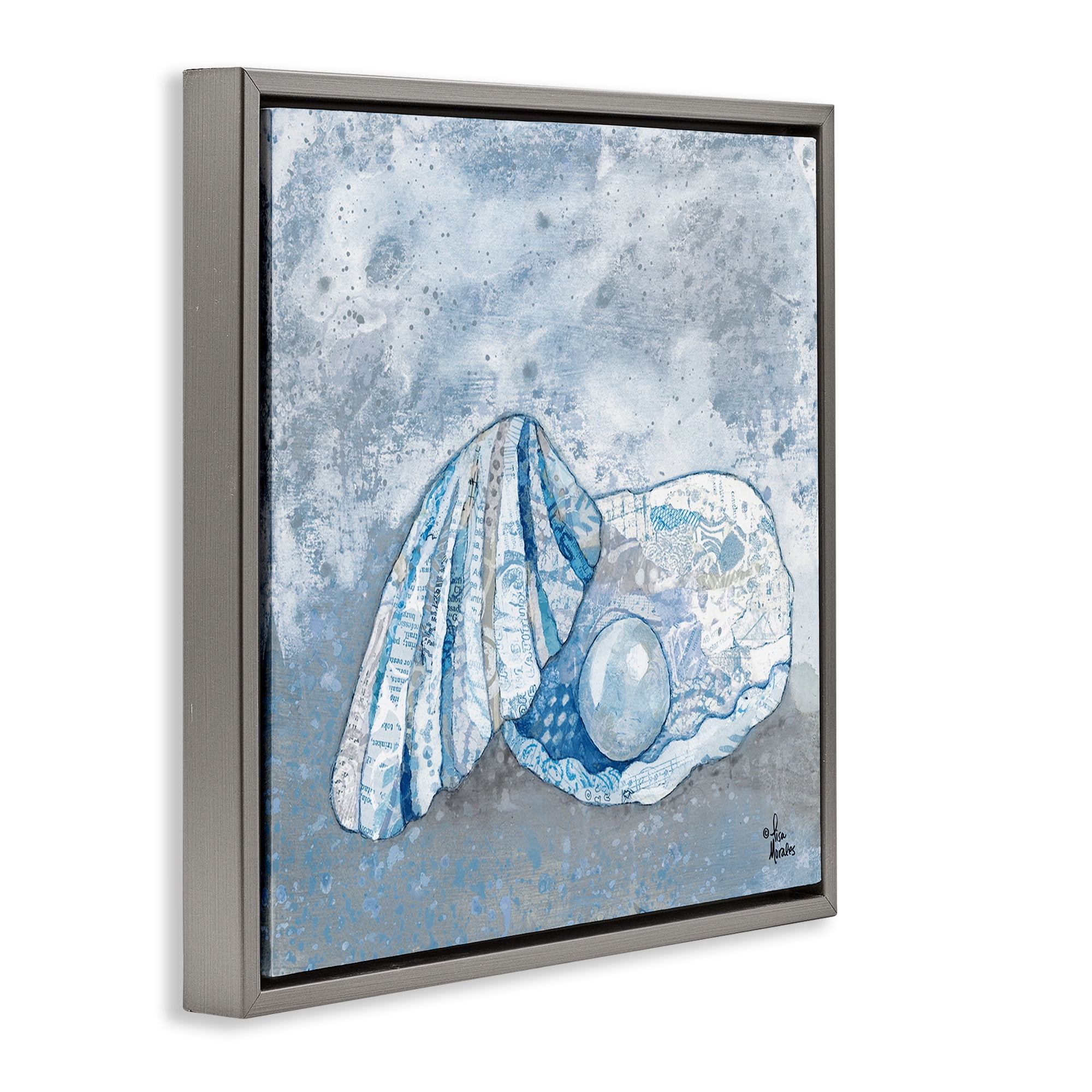 Stupell Industries Blue Abstract Clam Pearl Animals & Insects Painting Gray Floater Framed Canvas Art Print Wall Art, 25 x 25