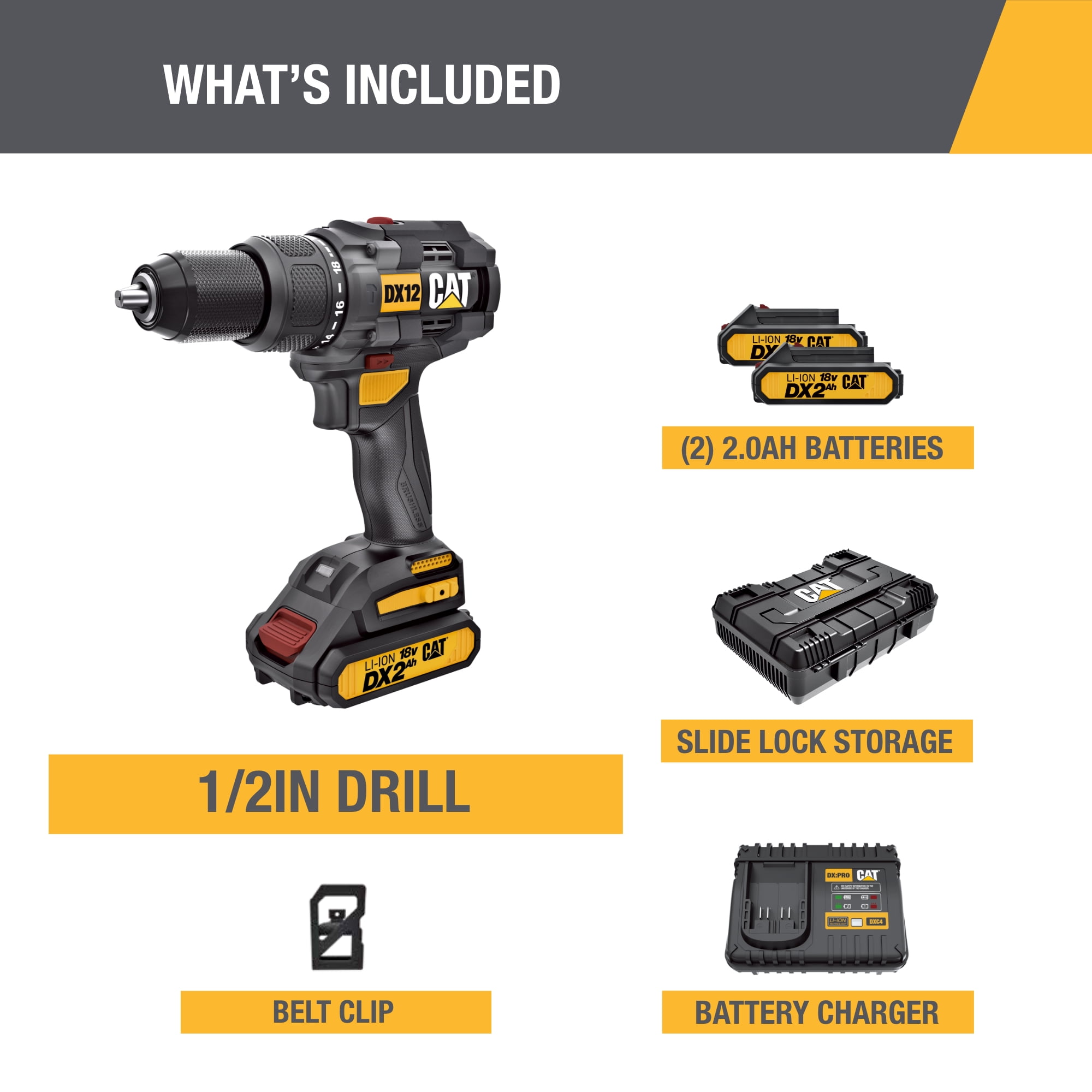 Caterpillar Cat® DX12 18V 1 FOR ALL  1/2” Cordless Hammer Drill with Brushless Motor and Two Batteries