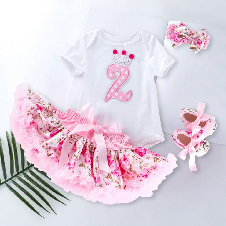 SHENGSI Children s Floral Khaki Puffy Skirt Set Infant Girls Short Sleeve Cartoon Prints Romper Bodysuit Skirt Headband Shoes 4PCS Outfits Clothes Set Walmart