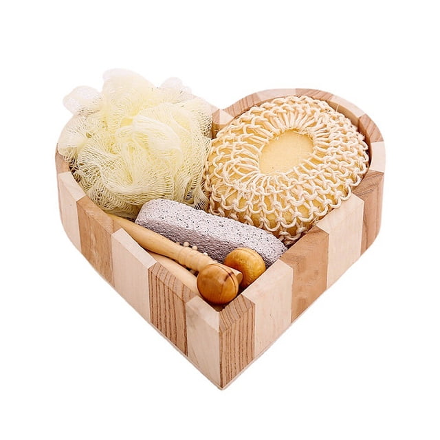 Bewildely Juego de baño de 6 uds., peine en forma de corazón, flor de baño, piedra pómez, bola de esponja, herramientas de limpieza y , caja Juegos de accesorios de baño
