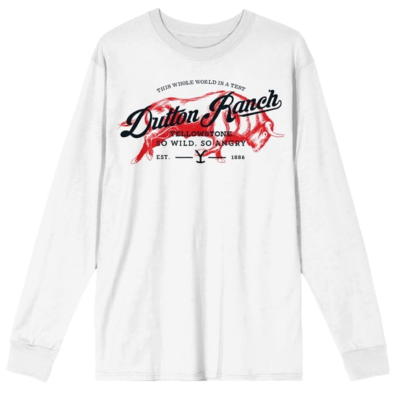 Yellowstone Dutton Ranch Red Bull Logo Crew Neck Long Sleeve Men's White Tee-Medium