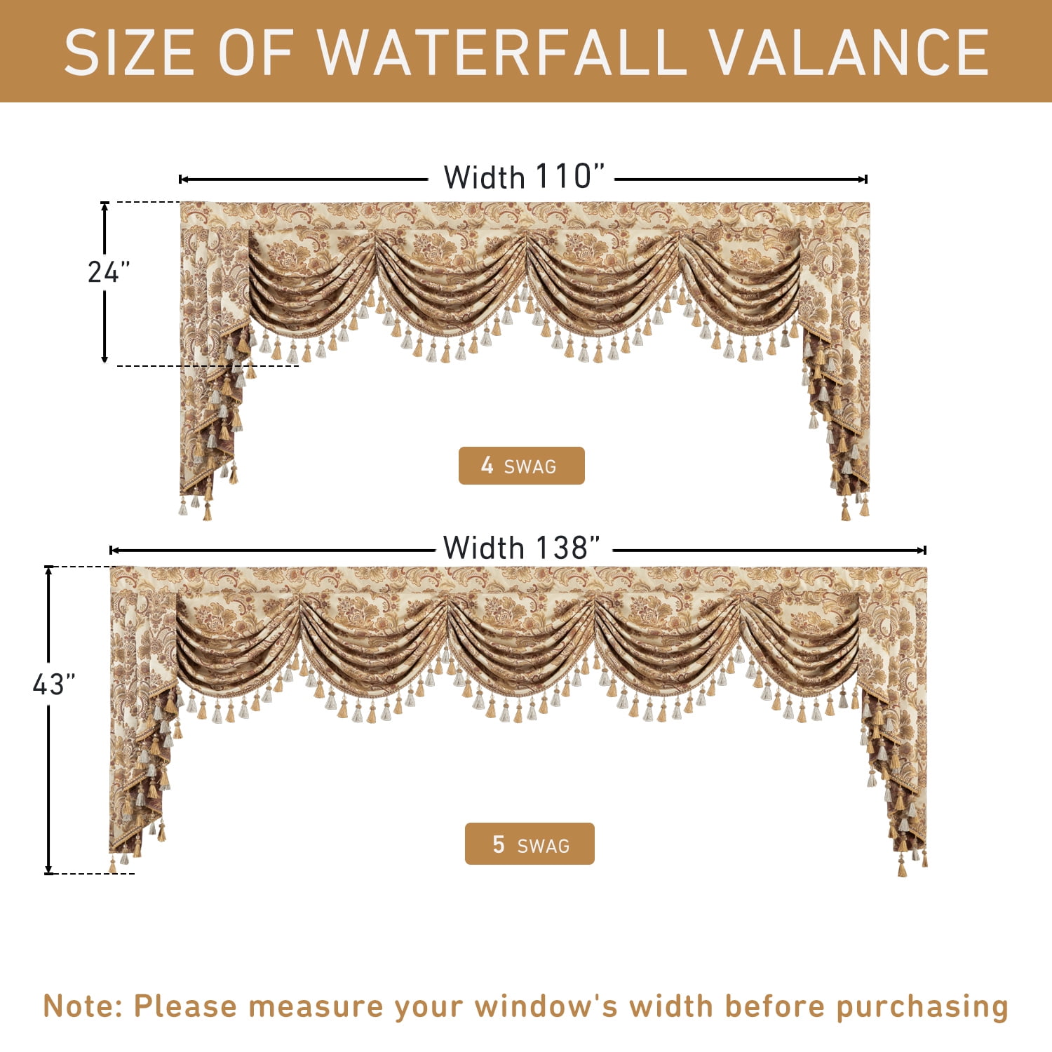 VOGOL Beige Damask Valance, Beaded Tassels Swag Curtains 138x43 Inches for Villa Windows