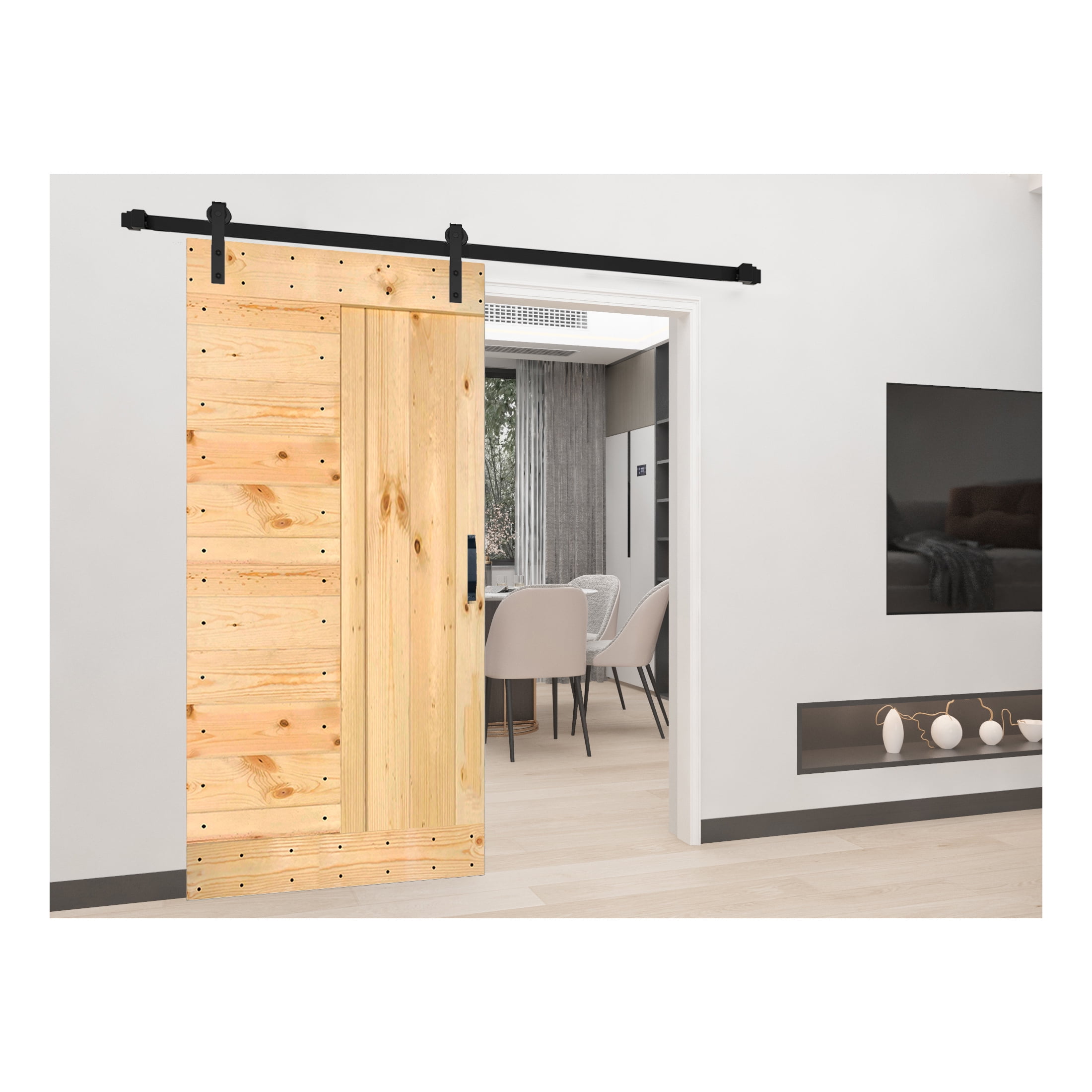 Unfinished Solid Knotty Pine Sliding Barn Door Kit with Black Hardware