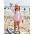 thumbnail image 6 of BemeyourBBs Toddler Baby Girls Bow Striped One Piece Swimsuit with Sun Hat Infant Girl Bathing Suit Long Sleeve Rash Guard Back Zipper Ruffled Trim Swimwear Summer Beachwear, 6 of 9