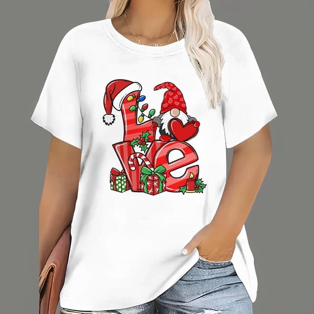 Camisetas de Navidad para mujer, Tops con estampado de dibujos animados de Papá Noel, camisetas de manga corta con cuello redondo, ropa informal de fiesta, Tops de gran tamaño para mujer