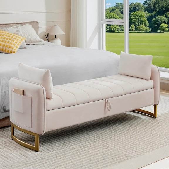 66" Storage Bench for Bedroom King Size,Velvet End of Bed Bench with Gold Legs,Storage Ottoman Bench with Arms and 2 Pillows for Living Room Window Entryway, Beige