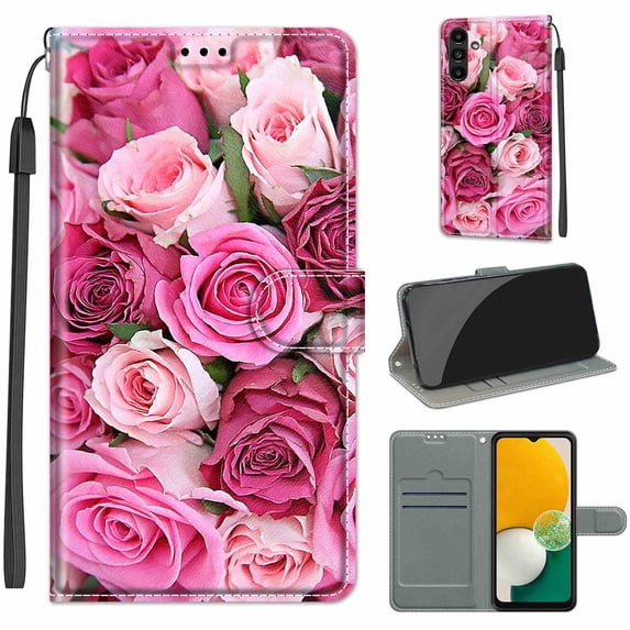 SaniMore Wallet Case for Samsung Galaxy A54 5G 2023, PU Leather Color Painting Kickstand Wrist Strip Magnetic Clasp Cash Pocket Card Holders Shockproof Full Protective Case,
Pink Roses