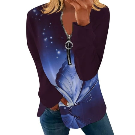 

koaiezne Women s Autumn And Winter Round Neck Zipper Long Sleeve Butterfly Print T Shirt Womens Pajama Tees Womens Button up Shirt Pack