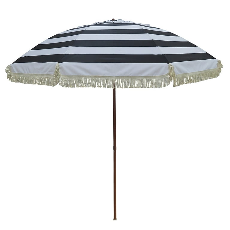 black and white patio umbrella with fringe Bayside21 8 Feet Fringe Outdoor Patio Umbrella with Tilt, Boho Umbrella  with Fringe,Tassel Umbrellas UPF 50+ Sun Protection UPF50+,Black White  Stripe
