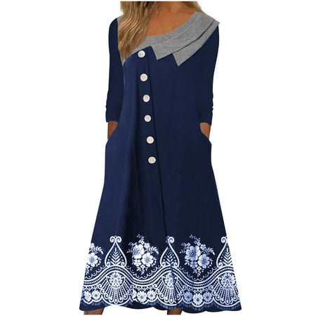 

Sweater Dresses for Women 2022 White Corset Dress Fashion Women Autumn Printing Causal V-Neck Button Long Sleeve Vacation Pockets Dress Fall Dresses for Women 2022 Casual Blue XXL