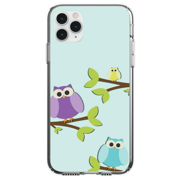 DistinctInk Clear Shockproof Hybrid Case for iPhone 12 MINI (5.4" Screen) - TPU Bumper, Acrylic Back, Tempered Glass Screen Protector - Blue Purple Yellow Owls - Cartoon Owls