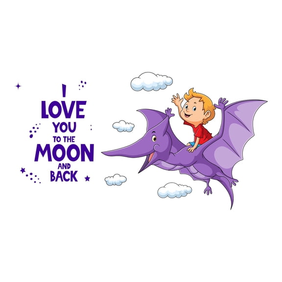 Cute Dinosuar Love Quote Lettering Wall ArtWall Decal Decoration I love you to the Moon & back Joyful Cartoon Cartoon Animals Decorating Ideas for Child's Bedroom Size: 10 In(W) x 5 In(H)