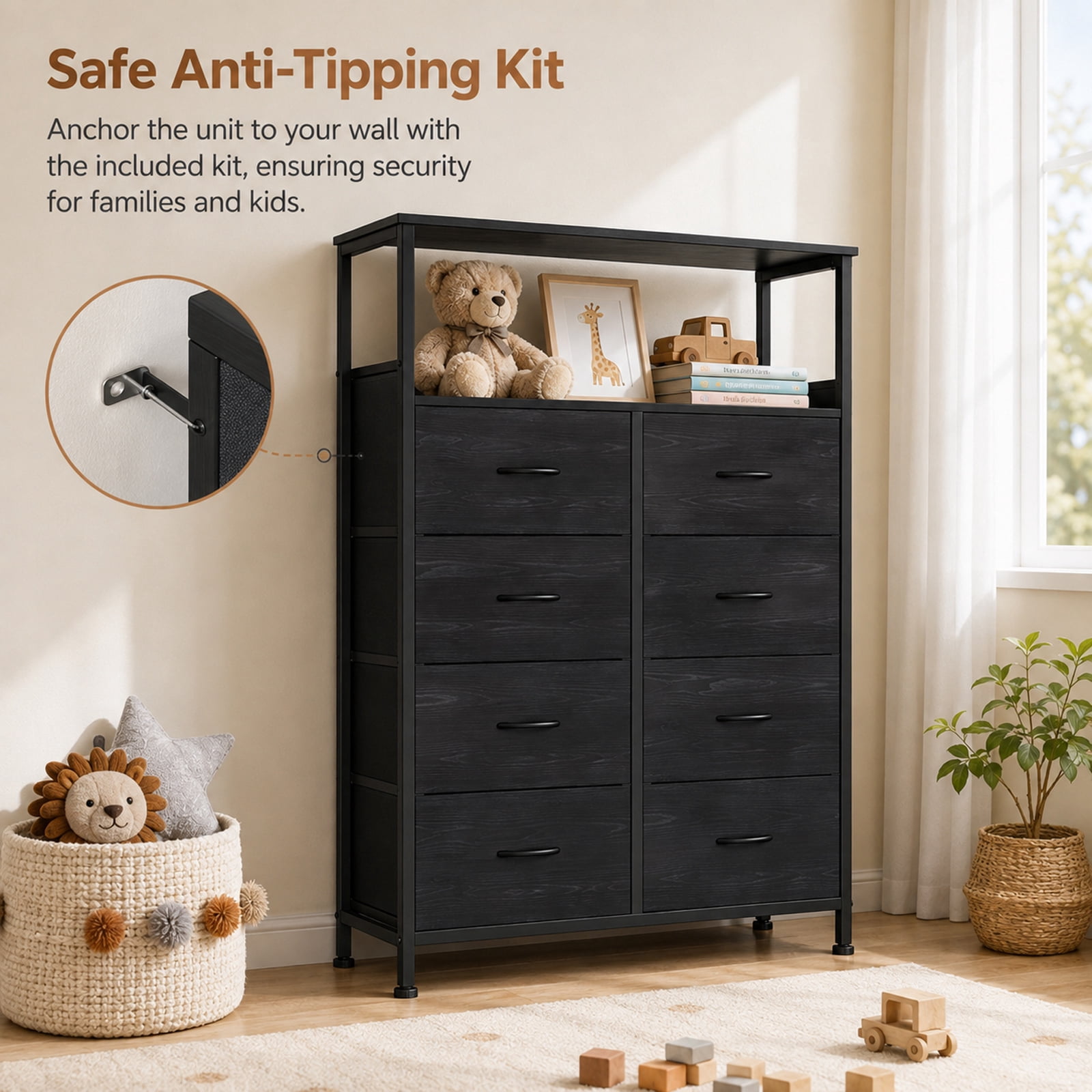Alvantor 8-Drawer Fabric Dresser with Open Shelf, Chest of Drawers, Steel, MDF, Storage Organizer Unit, Closet, Entryway