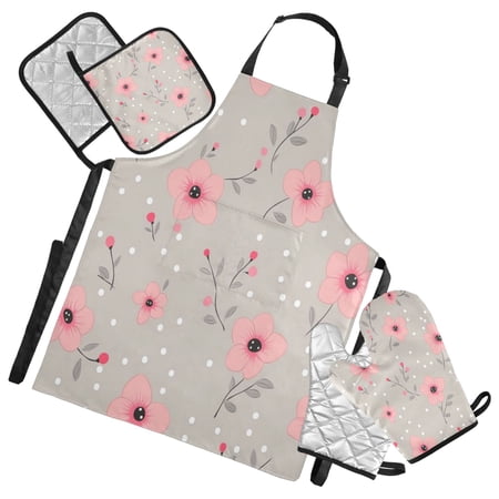 5-Piece Kitchen Apron Set with Heat-Resistant Gloves & Insulation Mats for Cooking Baking BBQ Pink Flowers Seamless Pattern