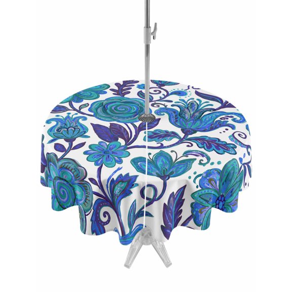 Outdoor Tablecloth with Umbrella Hole for Patio/Picnic/Party/Camping, Blue Boho Floral Waterproof Table Cloth Round Cover Washable, Abstract Art Paisley Flower (Dia 60")