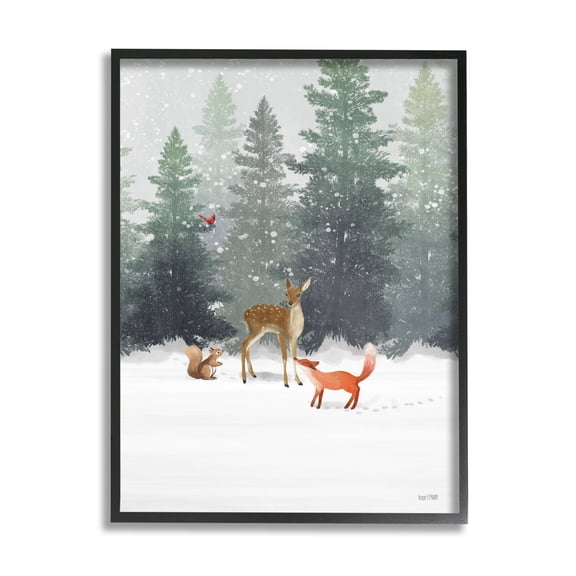 Stupell Industries Winter Season Forest Animals Fox Deer Squirrel Black Framed Design by House Fenway