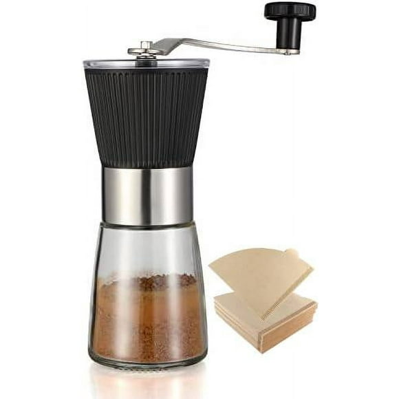 Manual Coffee Grinder with 100 Pcs Coffee Filter, with Adjustable Ceramic Conical Burr for Aeropress Espresso Filter, French Press Coffee Bean Grinder (Black)