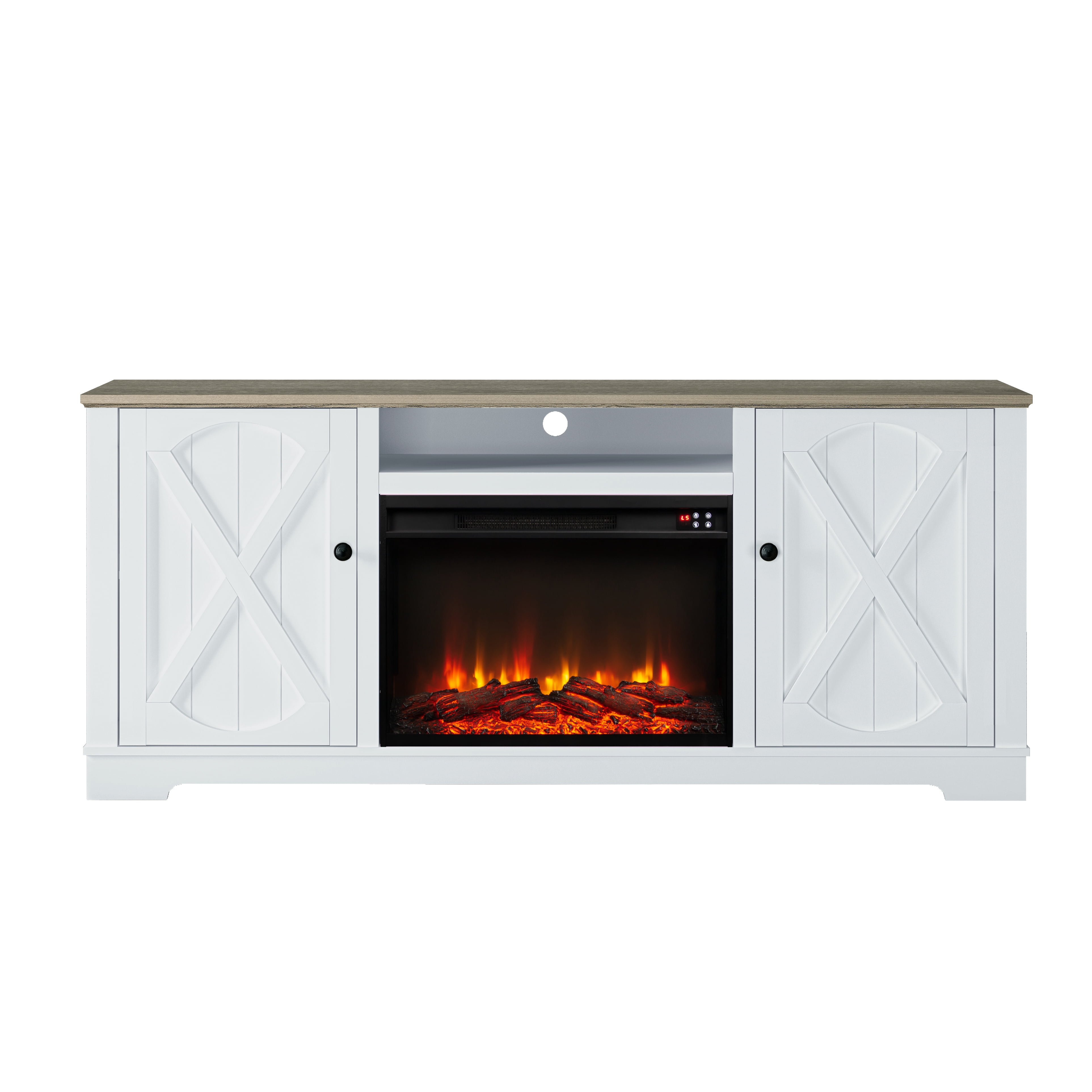 70" Farmhouse TV Stand with 26" Electric Fireplace,Heats 400 Sq Ft,White