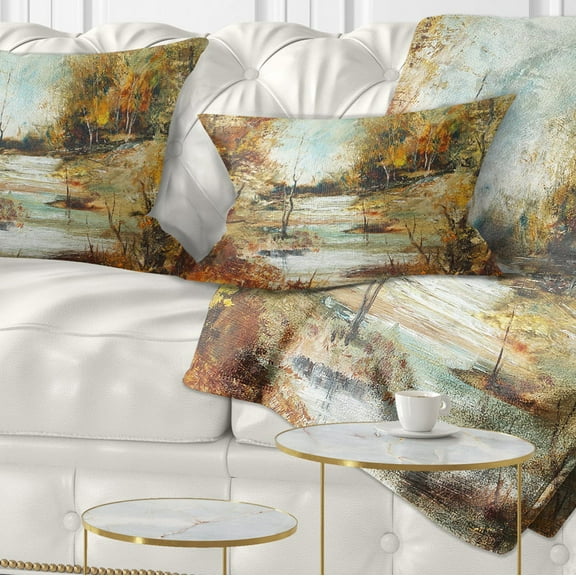 Designart Brown River in Forest - Landscape Painting Throw Pillow - 12x20