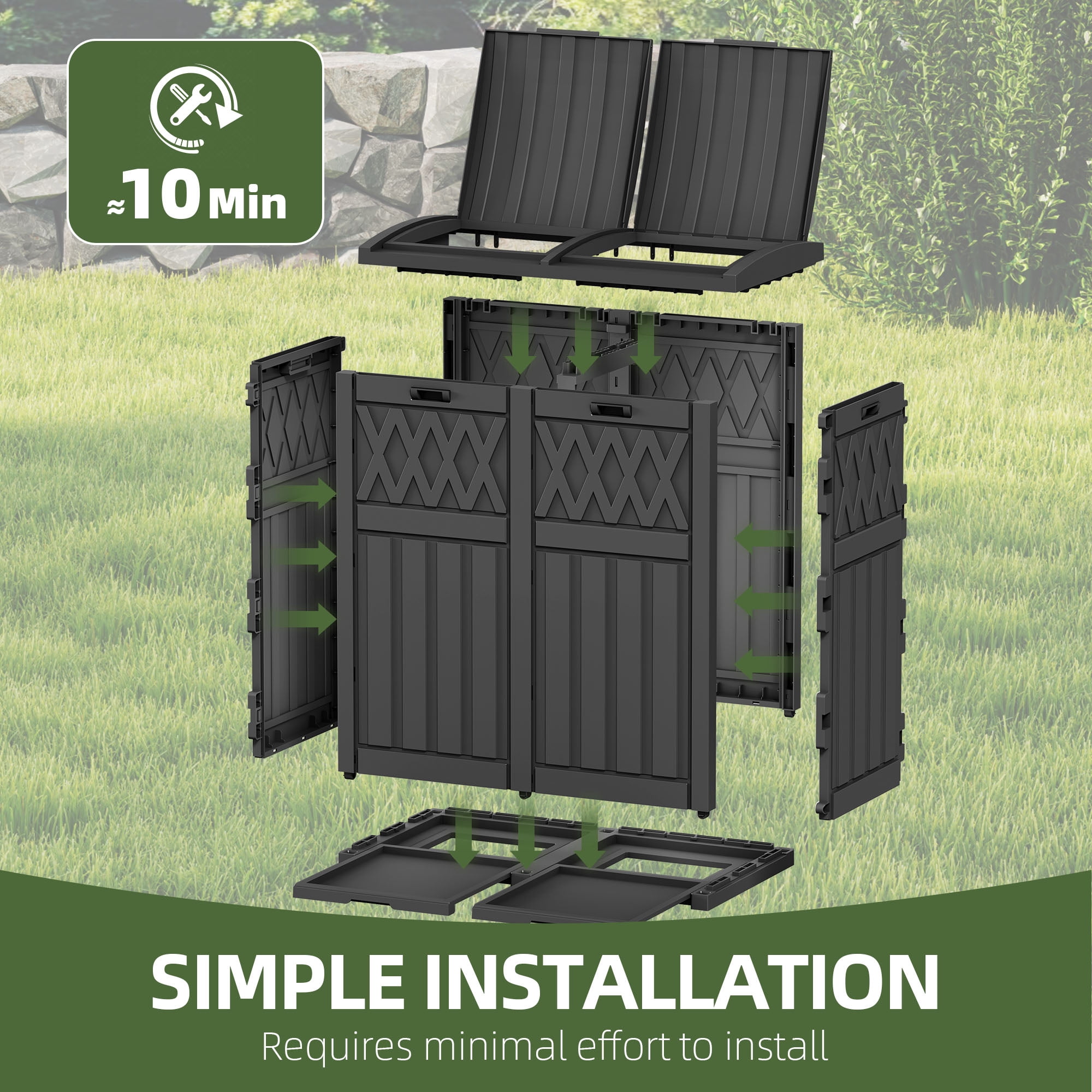 Uforic 61 Gallon Large Double-Bin Trash Can, Weatherproof Waste Bin with Tiered Lid & Drip Tray, Outdoor Garbage Bin ,for Porch, Backyard, Black