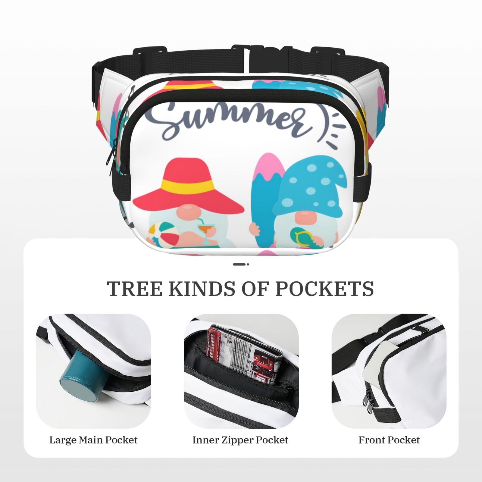 Picia Gnomes Summer Print Square Double-Layer Waist Bag Mini Adjustable Waist Belt Bag Exercise Running Travel Hiking