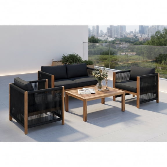 Topcobe 4 Pieces Acacia Wood Outdoor Patio Furniture Set, Modern Patio Conversation Sets, Outdoor Sectional Metal Sofa with Cushion and Coffee Table for Balcony, Garden