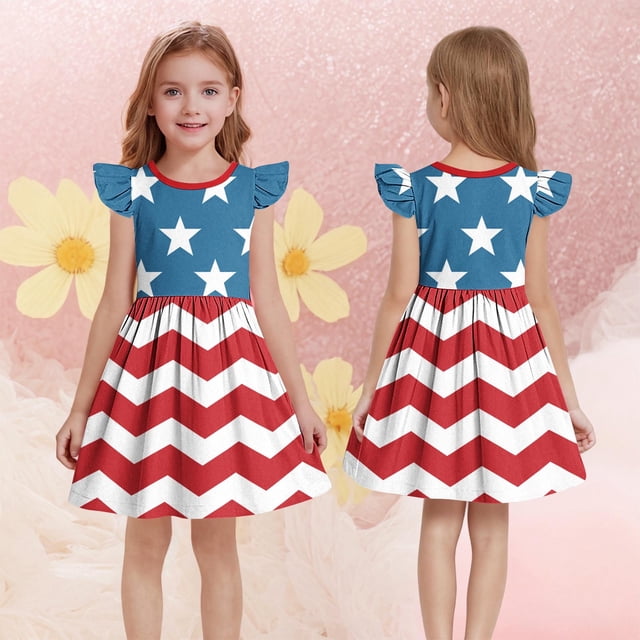 Odeerbi Niñas Día de La Independencia Vestido de Línea A Verano Patriótico Estrella Raya Ruffle Gorra Manga Vestido Casual