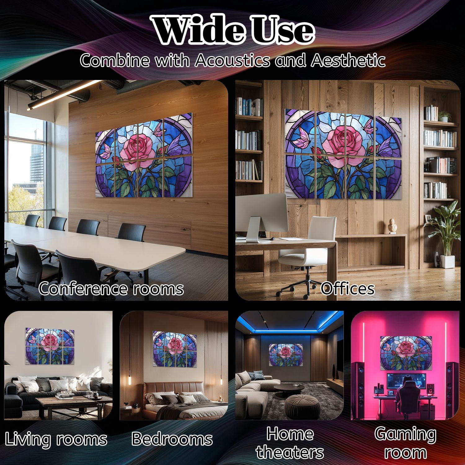 Stained Glass Style 8 Pack Art Acoustic Panels Sound Absorbing Rose Butterflies Vibrant Decorative Soundproof Wall Panels Self Adhesive for Nursery Game Room Bedroom 48"x32"