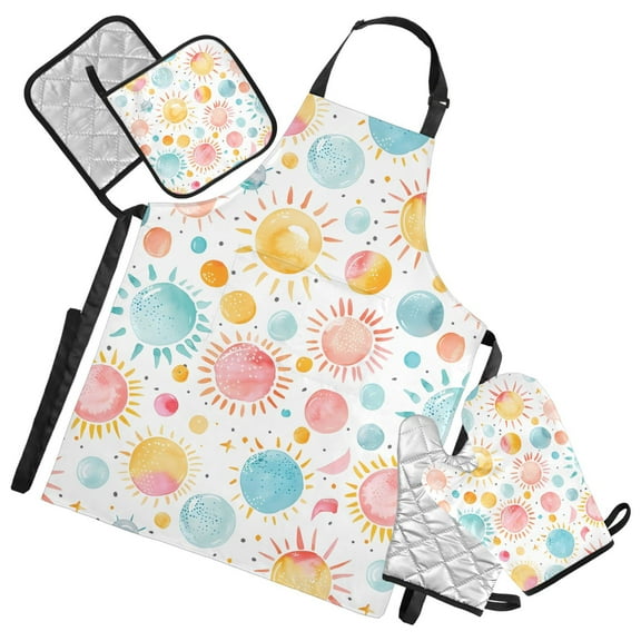 Watercolor Sun 5 Pcs Kitchen Set Heat Resistant Oven Mitts and Non-Slip Pot Holders with Adjustable Cooking Apron