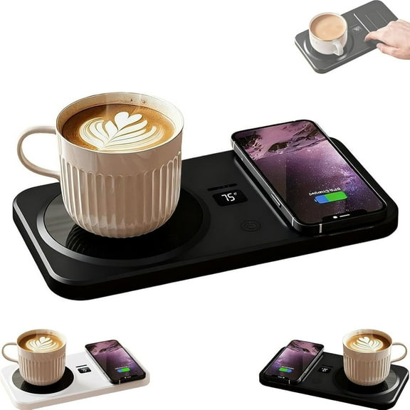 2-in-1 Coffee Mug Warmer & Wireless Phone Charger, 3 Temperature Settings Drink Warmer with 8H Auto Shut-Off, Magnetic USB Charging Pad for Office Desk, Home