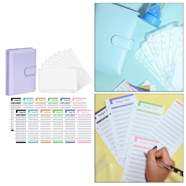 Carpeta de cuaderno de material cuero de 6 anillos, con 8 bolsillos de carpeta de plástico, organizador de presupuesto, sistema de sobres de presupuesto Púrpura Yotijar cuaderno de facturas