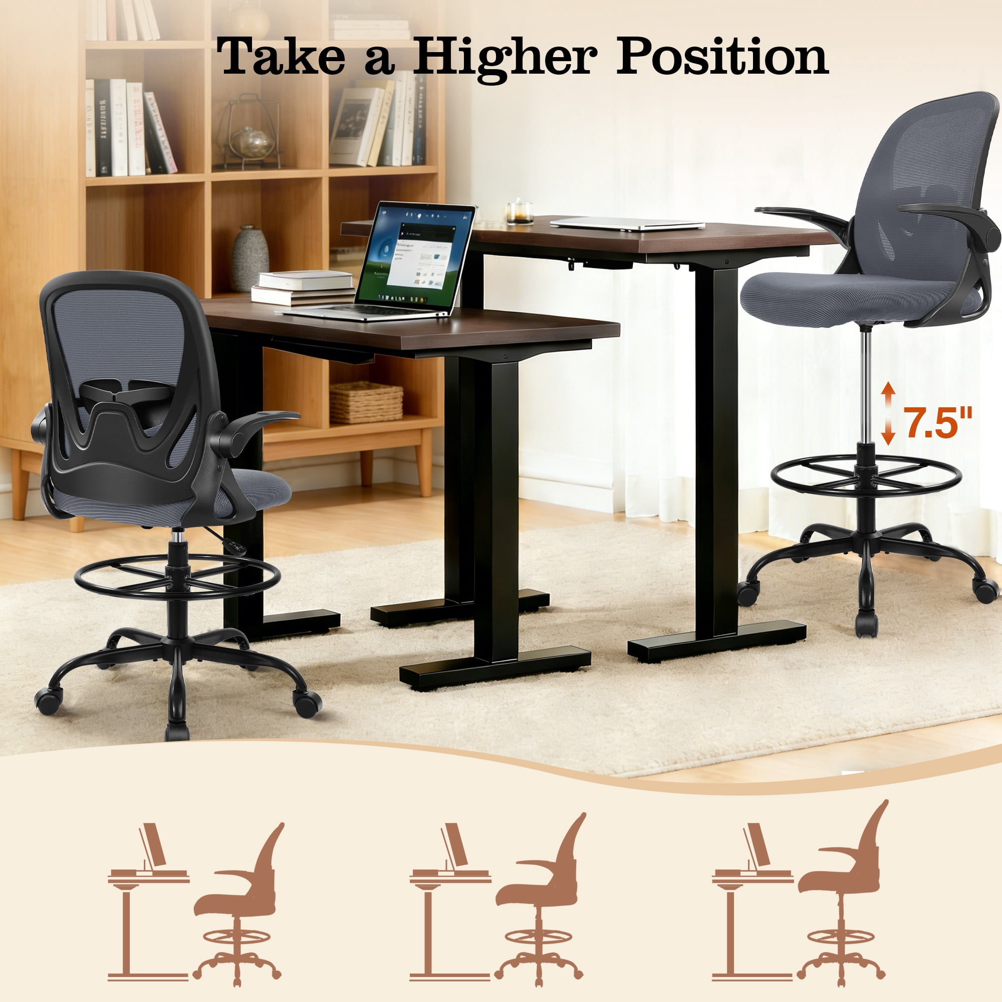 COOLHUT Tall Office Chair 400lbs with Footrest Ring, Standing Desk Chair with Flip-up Armrests, Adjustable Swivel Rolling Mesh Standing Desk Stool with Lumbar Support for Adults, Dark Gray