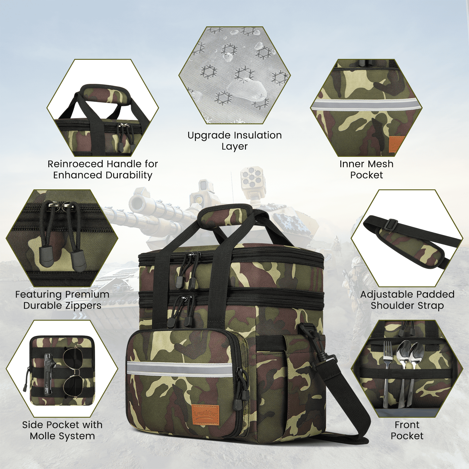 Expandable Insulated Lunch Bag w/ Leakproof Design - 24 Can Capacity, Double Deck Cooler Box with Adjustable Shoulder Strap/Side Pockets for Men & Women - Durable for Work/Travel/Outdoor, Camo Green