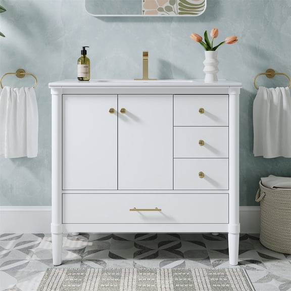 ANGELES HOME 36" Bathroom Vanity with Sink, Solid Wood & Plywood Cabinet, 2 Doors 4 Soft Close Drawers, Pure White 17mm Ceramic Countertop, Brushed Gold Handles