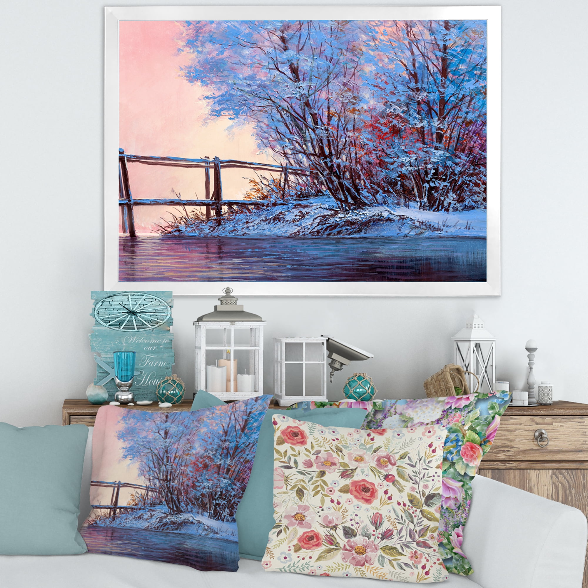 Bridge Of Meandering River With Winter Scenery I 32 in x 16 in Framed Painting Canvas Art Print, by Designart