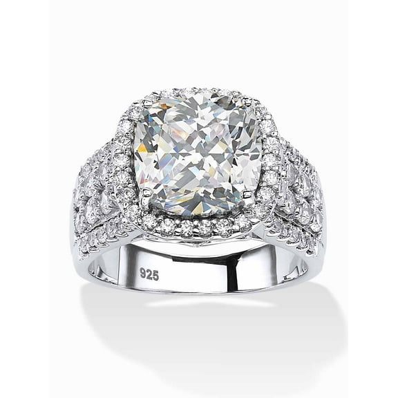 PalmBeach Jewelry 3.68 TCW Cushion-Cut and Pave Cubic Zirconia Halo Engagement Ring in Platinum-plated Sterling Silver