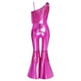 thumbnail image 4 of inlzdz Kids Girls Disco Outfit Off Shoulder Metallic Flare Jumpsuit Sequin Fringe Formal Dance Romper Hot Pink 14, 4 of 5