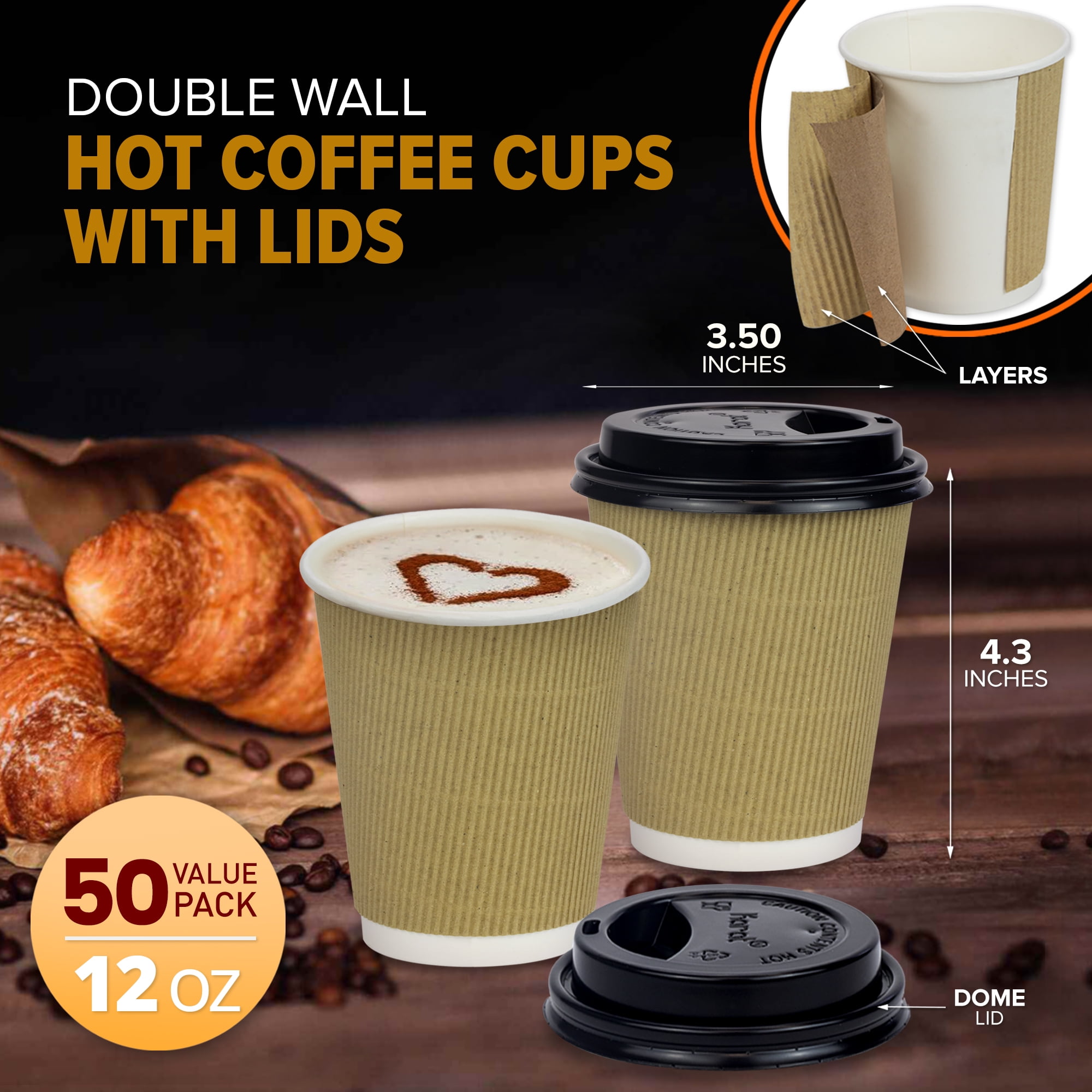 12 Ounce Disposable Paper Coffee Hot Cups with Black Lids - 50 Sets -  Coffee Latte Macchiato To Go Medium Portion