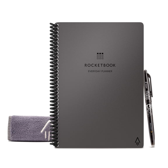 Rocketbook Everyday Planner - Smart Reusable Notebook - Gray - Letter Size Eco-Friendly Notebook (6" x 8.8") - 48 Page, 8 Page Types - Includes 1 Pen and Microfiber Cloth