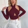 thumbnail image 2 of Arlun,Womens Criss Cross Halter Neck Cropped T Shirts Trendy Solid Color Long Sleeve Cut out Sexy Tops Women's Soft Comfortable Lightweight Thin Stylish Tshirts Red XL, 2 of 3