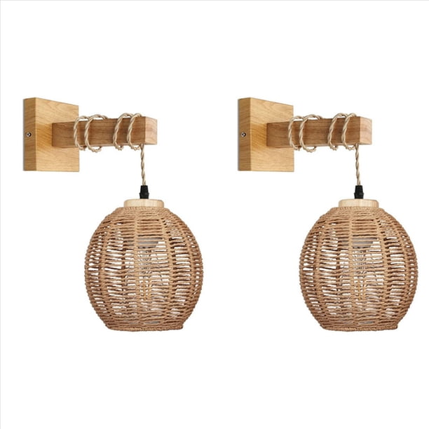 2X LáMpara de Pared Retro Tejido de RatáN Apliques de Madera Sala de Estar LáMpara de Noche DecoracióN de Dormitorio Vintage IluminacióN-B