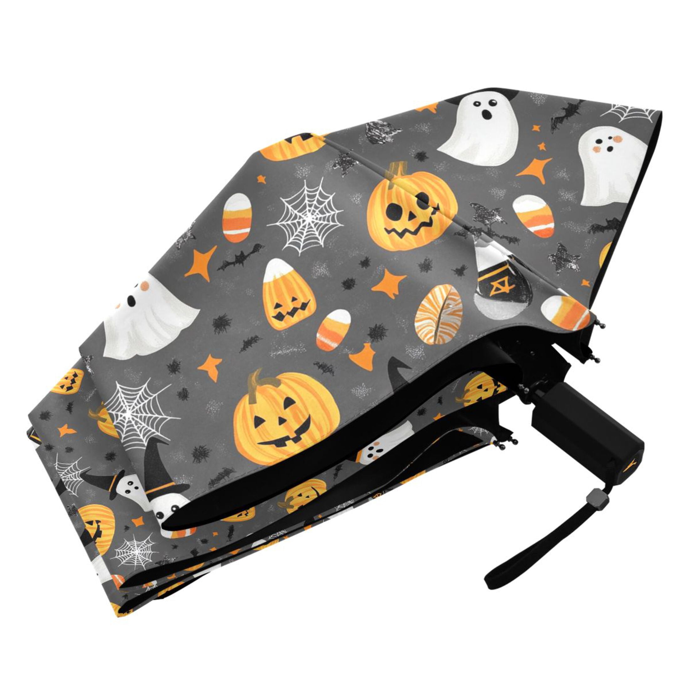 Adorable Ghost Pumpkin Spiderweb Compact Sun Umbrella Windproof Travel Umbrellas for Rain Strong Portable UV Protection