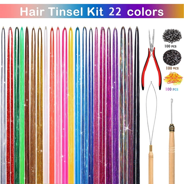 Zhuge Kit de extensiones de cabello con purpurina de 48 pulgadas, 22 colores, con herramientas, accesorios para cabello de hadas resistentes al calor para mujeres, niñas y niños