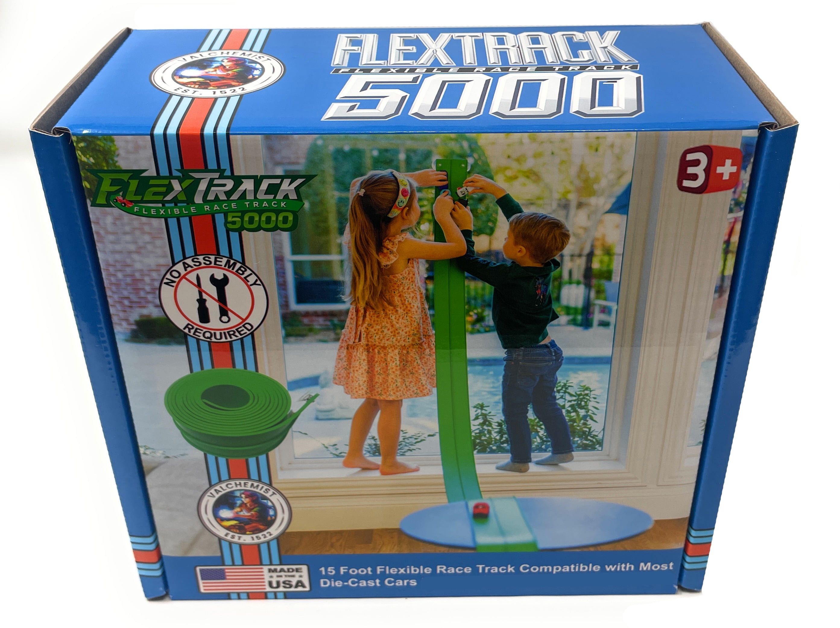 Valchemist FlexTrack 5000 Green Flexible Race Car Track for Kids Toy with Suction Cups Compatible with Hot Wheels and Diecast 1/64th Cars and More 15 Feet Long Rolls Up Portable Racetrack