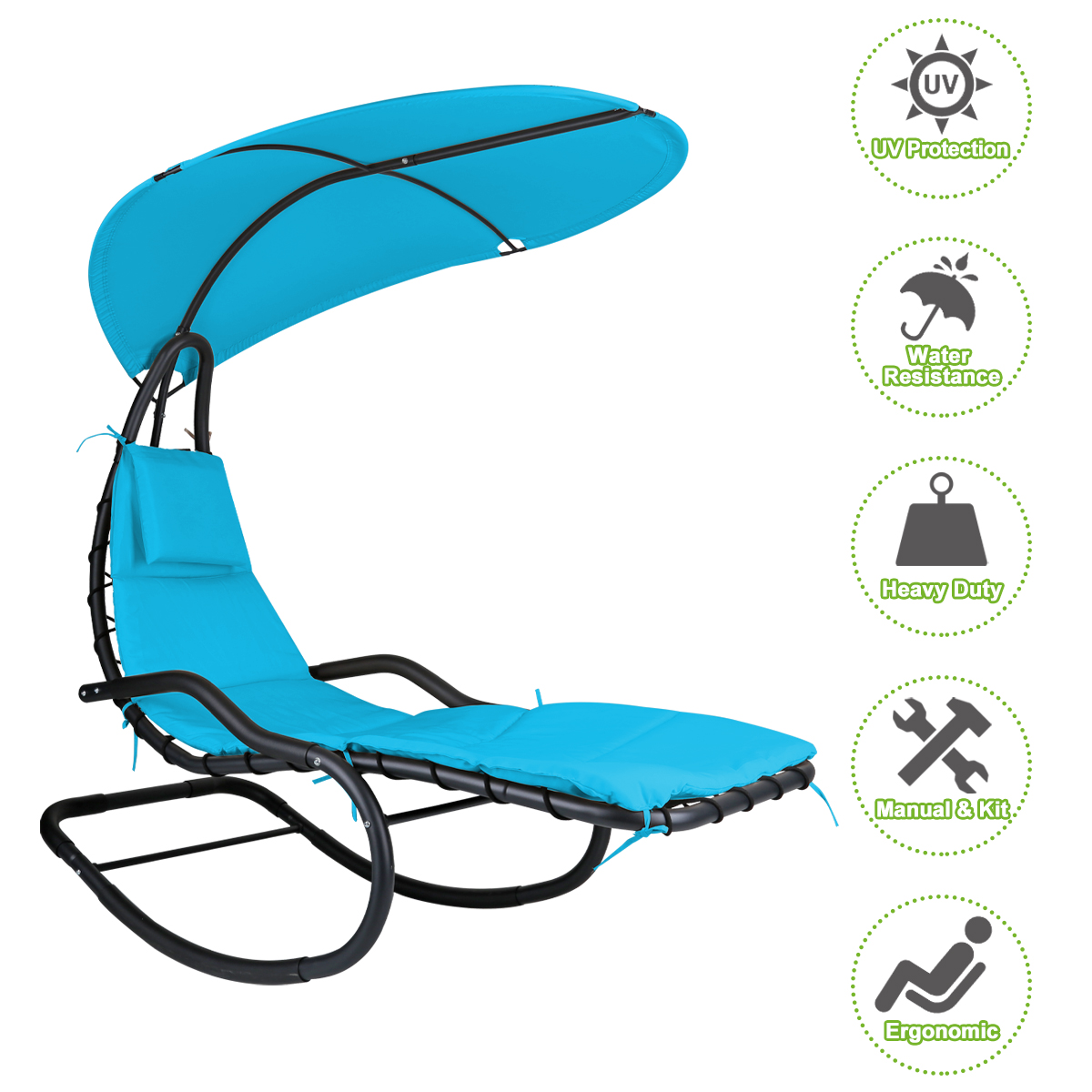 Rocking Hanging Lounge Chair - Curved Chaise Rocking Lounge Chair Swing For Backyard Patio w/ Built-in Pillow Removable Canopy with stand {Blue} - image 5 of 8