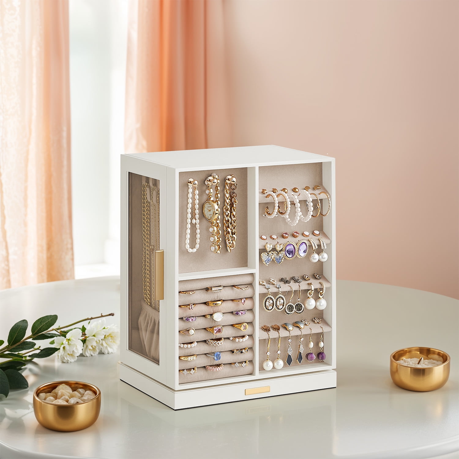 360° Rotating Jewelry Box with Glass Window, 5 Drawers Jewelry Storage Case Accessory Organizer, Gift, Cloud White