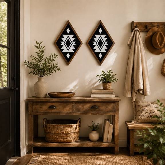 Wood Wall Decor Set of 2, Geometric Diamond Wall Art, Black and White Boho Hanging Decor, Modern Rustic Southwestern Style for Bedroom Living Room Entryway
