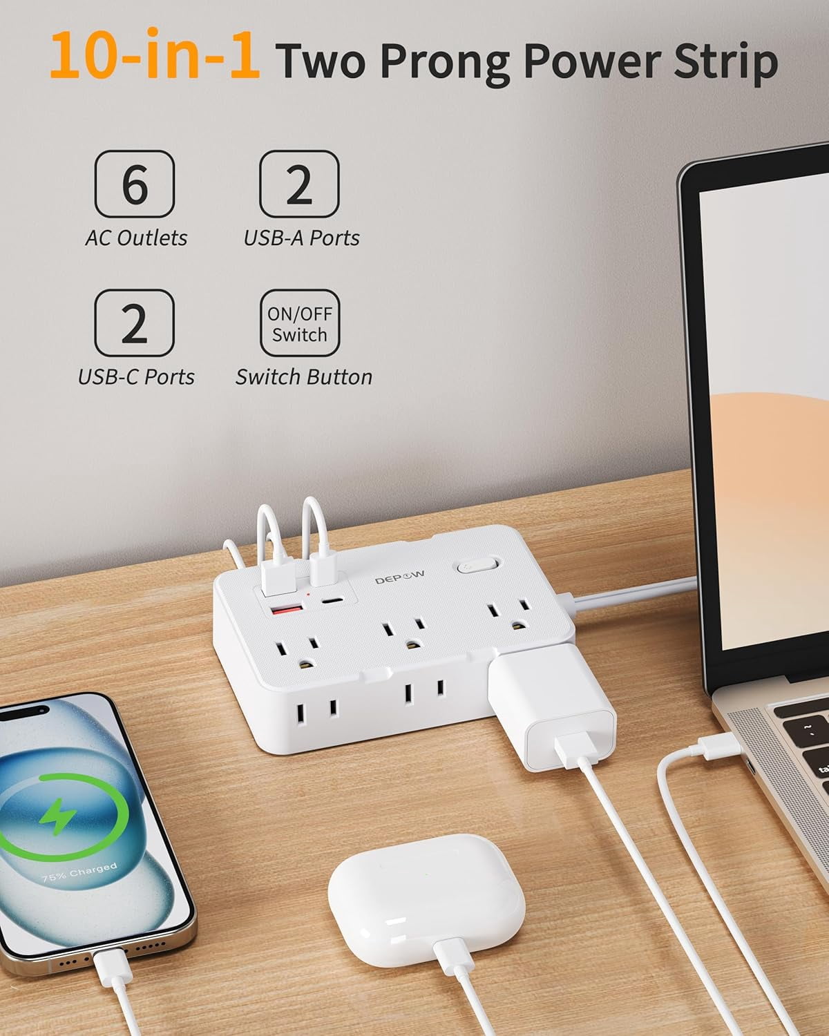 2 Prong to 3 Adapter Power Strip - 6 Outlets & 4 USB Ports (2 USB-C), 1050J Two Surge Protector, 5FT Extension Cord, Wall Mount Ideal for Old Houses Non-Grounded