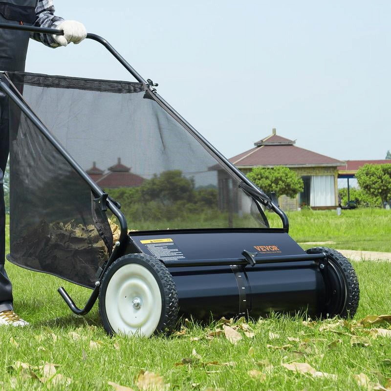 26-Inch Push Lawn Sweeper, Leaf and Grass Collector with Heavy-Duty Steel Construction and Rubber Wheels